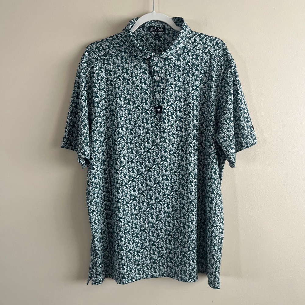 Bad Birdie Core Performance Golf Polo Green White Floral Print Stretch Mens XL